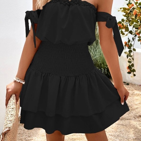 Black Boho Womens Off Shoulder Knot Side Ruffle Hem Dress - Picture 5 of 5